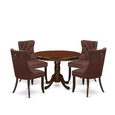 East West Furniture 5 Piece Dinette Set Contains A Round Kitchen Table With Pedestal In Brown