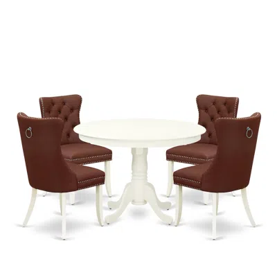 East West Furniture 5 Piece Dinette Set For Small Spaces Contains A Round Dining Table In Brown