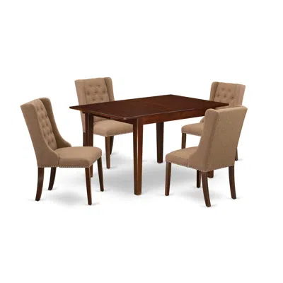 East West Furniture 5-piece Dinette Set Includes 1 Butterfly Leaf Rectangular Kitchen Table And 4 Light Sable Linen Fabr In Brown