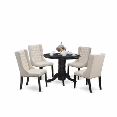 East West Furniture 5-piece Dinette Set Includes 1 Pedestal Dining Table And 4 Cream Linen Fabric Upholstered Dining Cha In Multi