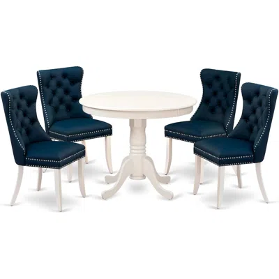 East West Furniture 5 Piece Dining Room Set Consists Of A Round Kitchen Table With Pedestal And 4 Upholstered Chairs In Blue