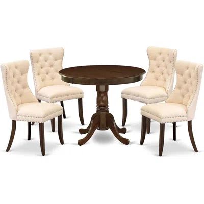 East West Furniture 5 Piece Dining Room Set Includes A Round Kitchen Table With Pedestal And 4 Padded Chairs, Antique Wa In Brown