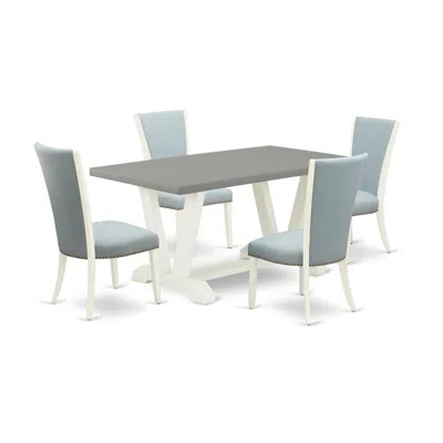 East West Furniture 5 Piece Dining Room Table Set - 4 Baby Blue Linen Fabric Dining Room Chair With Nail Heads And Cemen In Multi