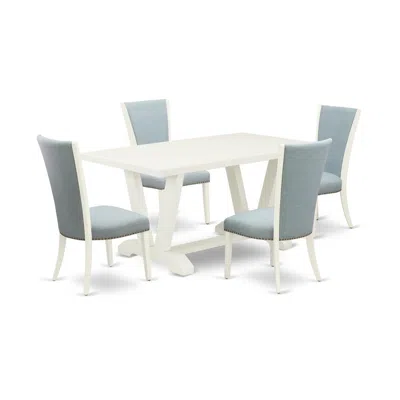 East West Furniture 5 Piece Dining Room Table Set - 4 Baby Blue Linen Fabric Parson Chairs With Nailheads And Cement Woo