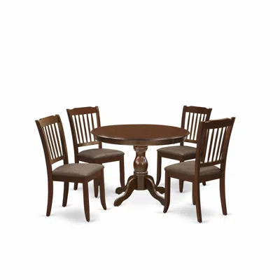 East West Furniture 5 Piece Dining Room Table Set - Mahogany Dinning Table And 4 Mahogany Linen Fabric Dining Chairs In Brown