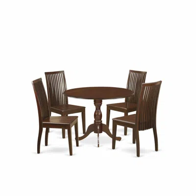 East West Furniture 5 Piece Dining Room Table Set - Mahogany Dropleaf Dinner Table And 4 Mahogany Dining Chairs With Sla In Brown
