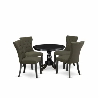 East West Furniture 5 Piece Dining Set - Black Breakfast Table And 4 Dark Gotham Grey Linen Fabric Dining Chairs Button  In Green