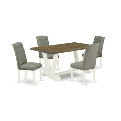 East West Furniture 5-piece Dining Set- 4 Dining Chairs With Smoke Linen Fabric Seat And Button Tufted Chair Back In Multi