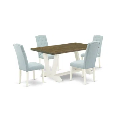 East West Furniture 5-piece Dining Set- 4 Dining Room Chairs With Baby Blue Linen Fabric Seat And Button Tufted Chair Ba