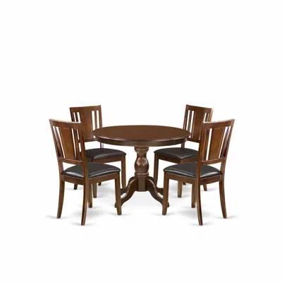 East West Furniture 5 Piece Dining Table Set - Mahogany Dining Room Table And 4 Mahogany Faux Leather Comfortable Chairs In Brown
