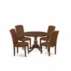East West Furniture 5 Piece Dining Table Set - Mahogany Round Dining Table And 4 Brown Faux Leather Parson Dining Chairs In Brown