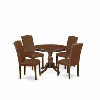East West Furniture 5 Piece Dining Table Set - Mahogany Round Dining Table And 4 Brown Faux Leather Parson Dining Chairs