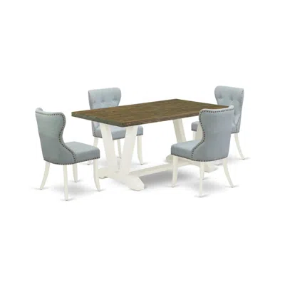 East West Furniture 5-piece Dining Table Set- 4 Upholstered Dining Chairs With Baby Blue Linen Fabric Seat And Button Tu In Multi