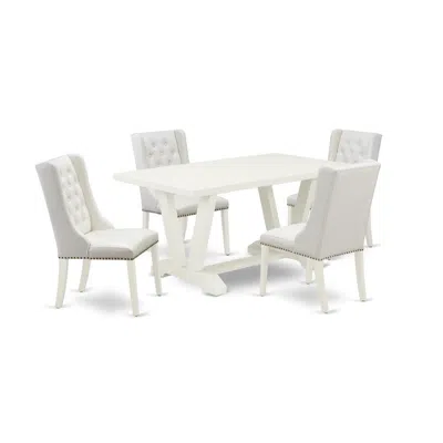 East West Furniture 5-piece Dining Table Set Consists Of 4 White Pu Leather Kitchen Chair Button Tufted With Nailheads A