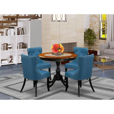 East West Furniture 5-piece Dining Table Set Contains A Mid Century Dining Table And 4 Blue Linen Fabric Midcentury Mode