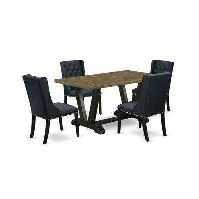 East West Furniture 5 Piece Dining Table Set Includes 4 Black Linen Fabric Kitchen Chairs With Nailheads And Distressed  In Brown