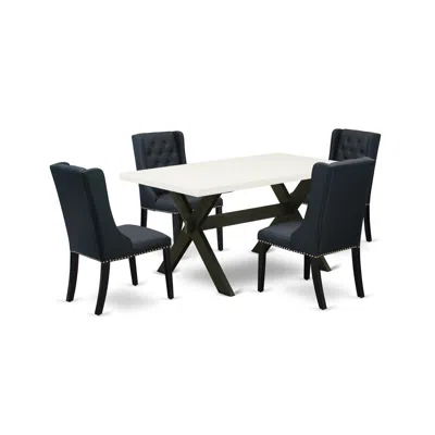 East West Furniture 5 Piece Dining Table Set Includes 4 Black Linen Fabric Padded Chair With Button Tufted And Linen Whi