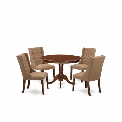 East West Furniture 5-piece Kitchen Dining Room Set Includes 1 Pedestal Table And 4 Light Sable Linen Fabric Parson Chai In Brown