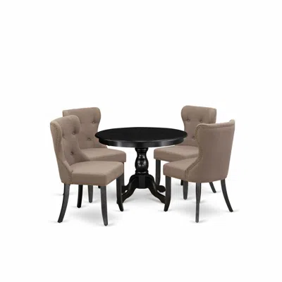East West Furniture 5 Piece Kitchen Dining Table Set - Black Wood Table And 4 Coffee Linen Fabric Dining Chairs Button T In Multi