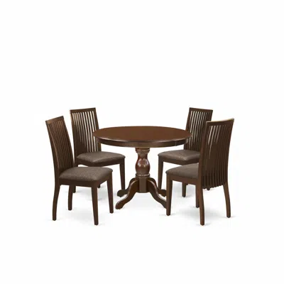 East West Furniture 5 Piece Kitchen Dining Table Set - Mahogany Dinner Table And 4 Mahogany Linen Fabric Dining Room Cha In Brown