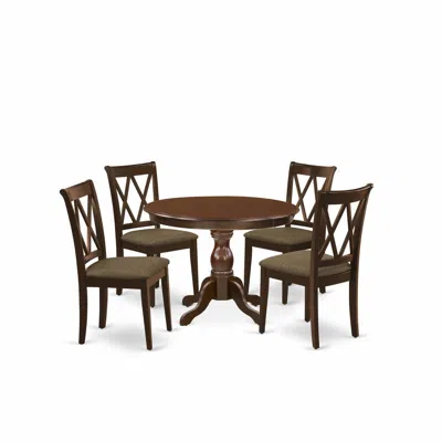 East West Furniture 5 Piece Kitchen Set - Mahogany Modern Dining Table And 4 Mahogany Linen Fabric Dining Room Chairs In Brown