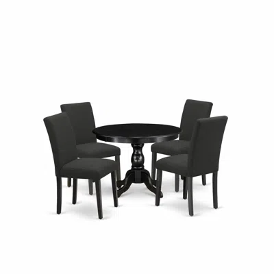 East West Furniture 5 Piece Kitchen Table Set - Black Wood Dining Table And 4 Black Linen Fabric Mid Century Modern Chai