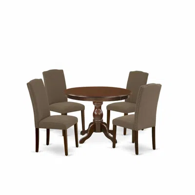 East West Furniture 5 Piece Kitchen Table Set - Mahogany Dining Table And 4 Dark Coffee Linen Fabric Kitchen & Dining Ch In Brown