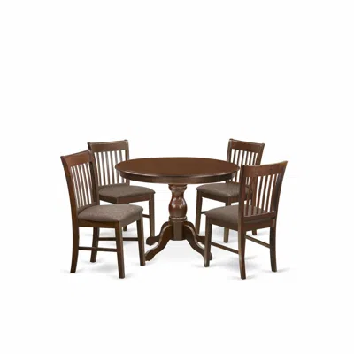East West Furniture 5 Piece Kitchen Table Set - Mahogany Wood Table And 4 Mahogany Linen Fabric Kitchen Chairs With Slat In Brown
