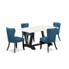 East West Furniture 5-piece Modern Dining Set- 4 Parson Chairs With Blue Linen Fabric Seat And Button Tufted Chair Back In Multi