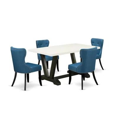 East West Furniture 5-piece Modern Dining Set- 4 Parson Chairs With Blue Linen Fabric Seat And Button Tufted Chair Back In Multi