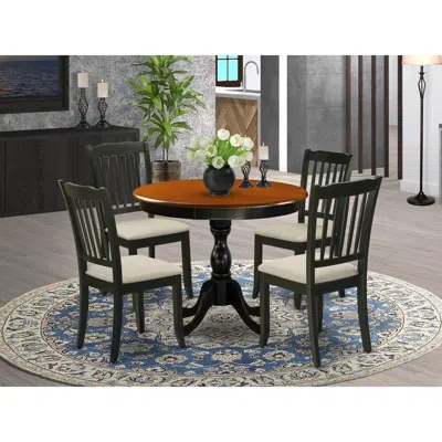 East West Furniture 5-piece Modern Dining Set Includes A Round Wood Table And 4 Linen Fabric Dining Room Chairs With Sla