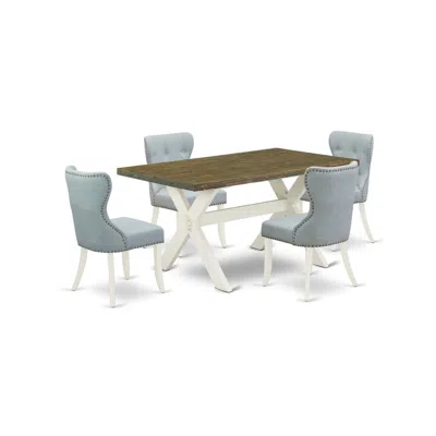 East West Furniture 5-piece Modern Dining Table Set- 4 Dining Chair With Baby Blue Linen Fabric Seat And Button Tufted C