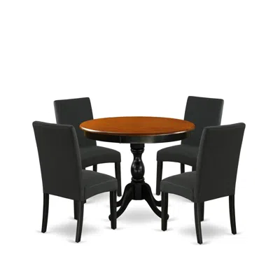 East West Furniture 5-piece Round Dining Set Includes A Wooden Dinner Table And 4 Black Linen Fabric Parson Dining Chair In Blue