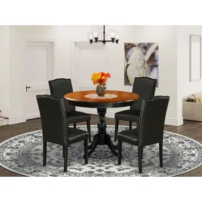 East West Furniture 5-piece Round Table Set Contains A Wood Kitchen Table And 4 Black Pu Leather Upholstered Chairs With