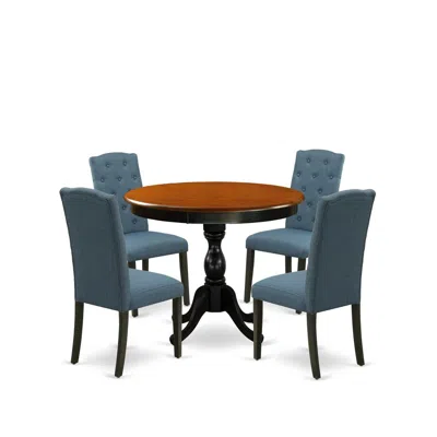 East West Furniture 5-piece Wooden Dining Set Consists Of A Wood Kitchen Table And 4 Blue Linen Fabric Parson Chairs Wit
