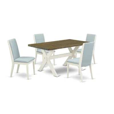 East West Furniture 5pc Dining Set Consists Of A Wood Table And 4 Parson Dining Chairs With Baby Blue Color Linen Fabric In White