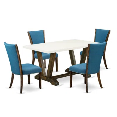 East West Furniture 5pc Dining Table Set Includes A Dining Table And 4 Parson Chairs With Blue Color Linen Fabric,distre