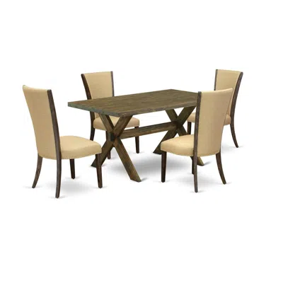 East West Furniture 5pc Dining Table Set Includes A Wood Dining Table And 4 Parson Dining Chairs With Brown Color Linen  In Multi
