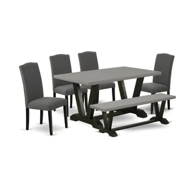 East West Furniture 6-pc Dinette Set - 4 Kitchen Chairs, A Dining Bench Cement Top And 1 Cement Kitchen Dining Table Top In Gray