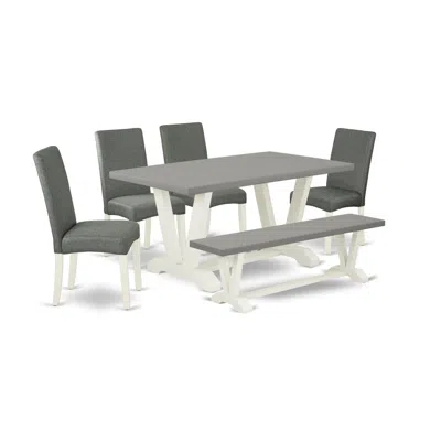 East West Furniture 6-pc Dinette Set - 4 Parson Chairs, A Mid Century Bench Cement Top And 1 Modern Cement Dining Room T In Gray
