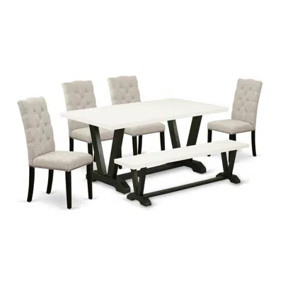 East West Furniture 6-pc Dinette Set-doeskin Linen Fabric Seat And Button Tufted Chair Back Kitchen Parson Chairs In White