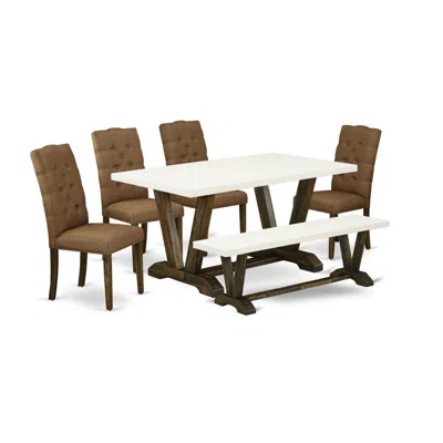 East West Furniture 6-pc Dining -brown Beige Linen Fabric Seat And Button Tufted Chair Back Parson Dining Chairs