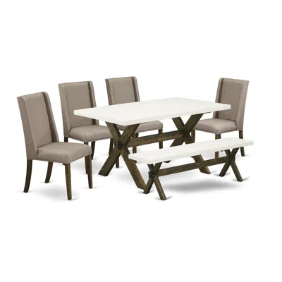 East West Furniture 6-pc Dining -dark Khaki Linen Fabric Seat And High Stylish Chair Back Kitchen Parson Chairs In Brown