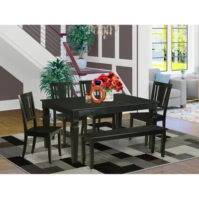 East West Furniture 6 Pc Dining Room Set - Dining Table And 4 Kitchen Chairs Plus Bench In Black