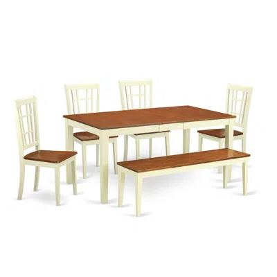 East West Furniture 6-pc Dining Room Set For 4-table With Leaf And 4 Kitchen Chairs Plus Bench In Brown