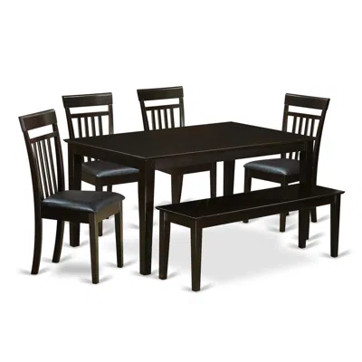 East West Furniture 6 Pc Dining Room Set-top Kitchen Table And 4 Kitchen Chairs Plus 1 Dining Bench In Black