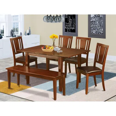 East West Furniture 6-pc Dining Room Set With Bench- Table With 4 Dining Chairs And Bench In Brown