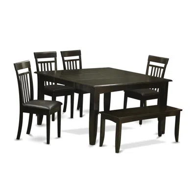 East West Furniture 6 Pc Dining Room Set With Bench-dinette Table With Leaf And 4 Dining Chairs Plus Bench. In Black