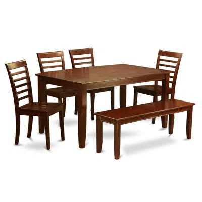East West Furniture 6 Pc Dining Room Set With Bench-table And 4 Dining Chairs And Bench In Brown