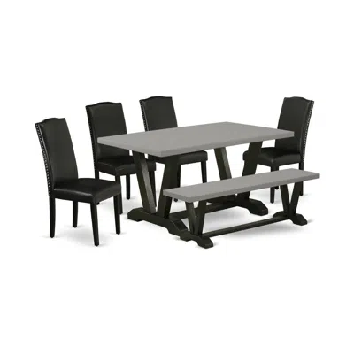East West Furniture 6-pc Dining Table Set - 4 Parson Chairs, A Dining Bench Cement Top And 1 Cement Dining Table Top Wit In Multi
